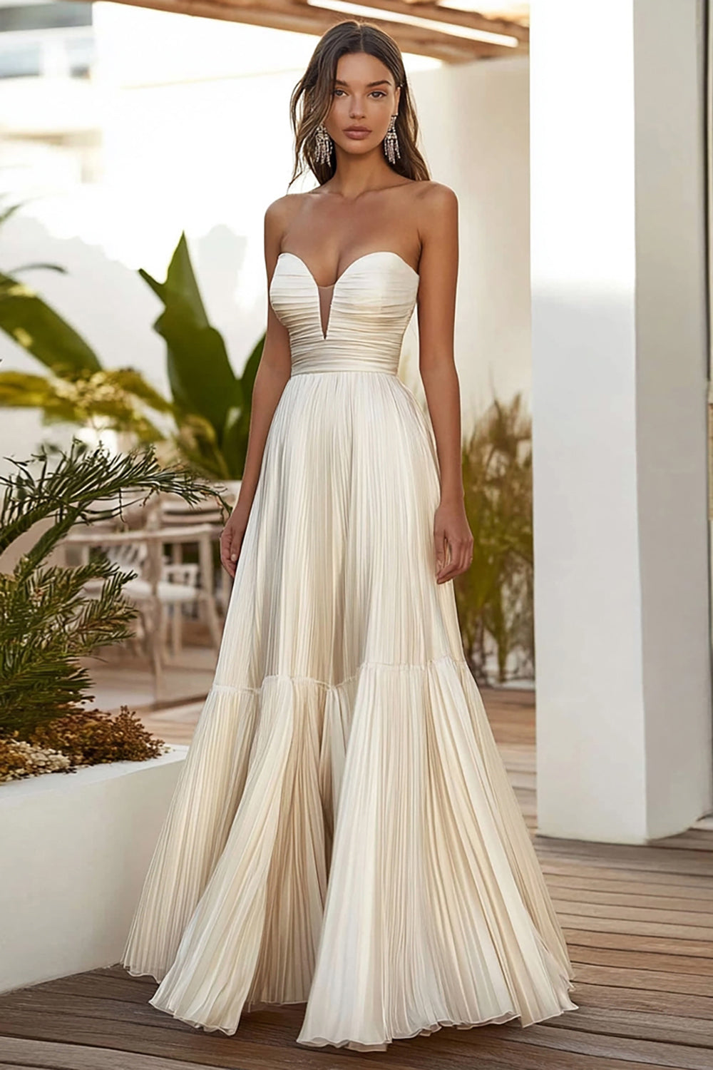 Champagne Strapless A Line Long Wedding Guest Dress