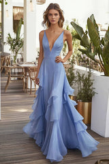 Light Blue Chiffon Deep V-Neck Long Wedding Guest Dress with Ruffles