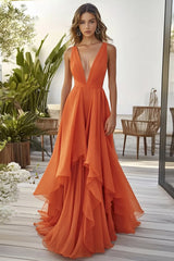 Dusty Blue Chiffon Deep V-Neck A Line Long Wedding Guest Dress with Ruffles