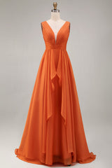 Orange Chiffon Deep V-Neck Long Wedding Guest Dress with Ruffles