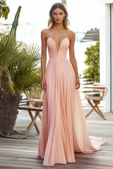 Pink Spaghetti Straps Chiffon Pleated Long Wedding Guest Dress