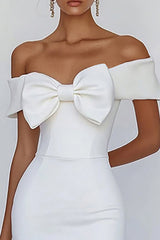 Off the Shoulder White Sheath Satin Mini Graduation Dress with Bowknot