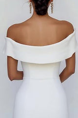 Off the Shoulder White Sheath Satin Mini Graduation Dress with Bowknot