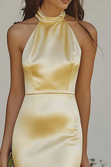 Mermaid Light Yellow Halter Long Satin Bridesmaid Dress