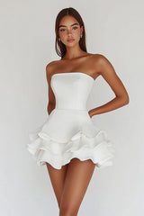 Satin White A Line Strapless Graduation Homecoming Dress with Ruffles