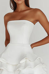 Satin White A Line Strapless Graduation Homecoming Dress with Ruffles