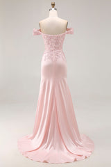 Pink Mermaid Off the Shoulder Satin Long Prom Dress with Lace