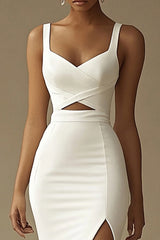 White Sweetheart Long Mermaid Rehearsal Dinner Dress with Slit