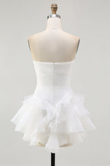 A Line Strapless Tiered Little White Dress with Ruffles