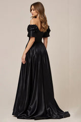 A Line Satin Off the Shoulder Long Black Tie Dress with Slit