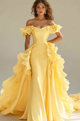 Yellow Satin Long Off the Shoulder Prom Dress with Ruffles