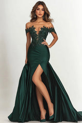 Dark Green Mermaid Satin Off The Shoulder Long Prom Dress with Slit