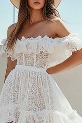 White Lace A Line Boho High-Low Graduation Dress with Ruffles