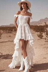 White Off The Shoulder Lace A Line High-Low Boho Maxi Dress