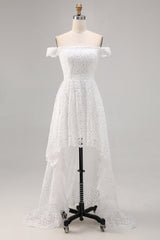 White Lace A Line Off The Shoulder High-Low Boho Maxi Dress with Ruffles