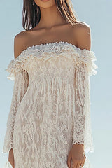 White Lace Off The Shoulder Boho Maxi Dress with Long Sleeves
