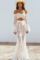 Two Piece White Lace Boho Maxi Dress with Long Sleeves