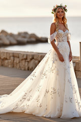 White Tulle Off the Shoulder Sweep Train Wedding Dress with Appliques