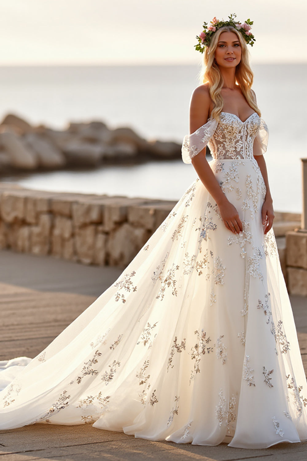 White Tulle Off the Shoulder Sweep Train Wedding Dress with Appliques