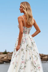 Tulle White A Line Floral Sweep Train Wedding Dress