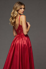 Red A Line Satin Long V-Neck Prom Dress with Slit