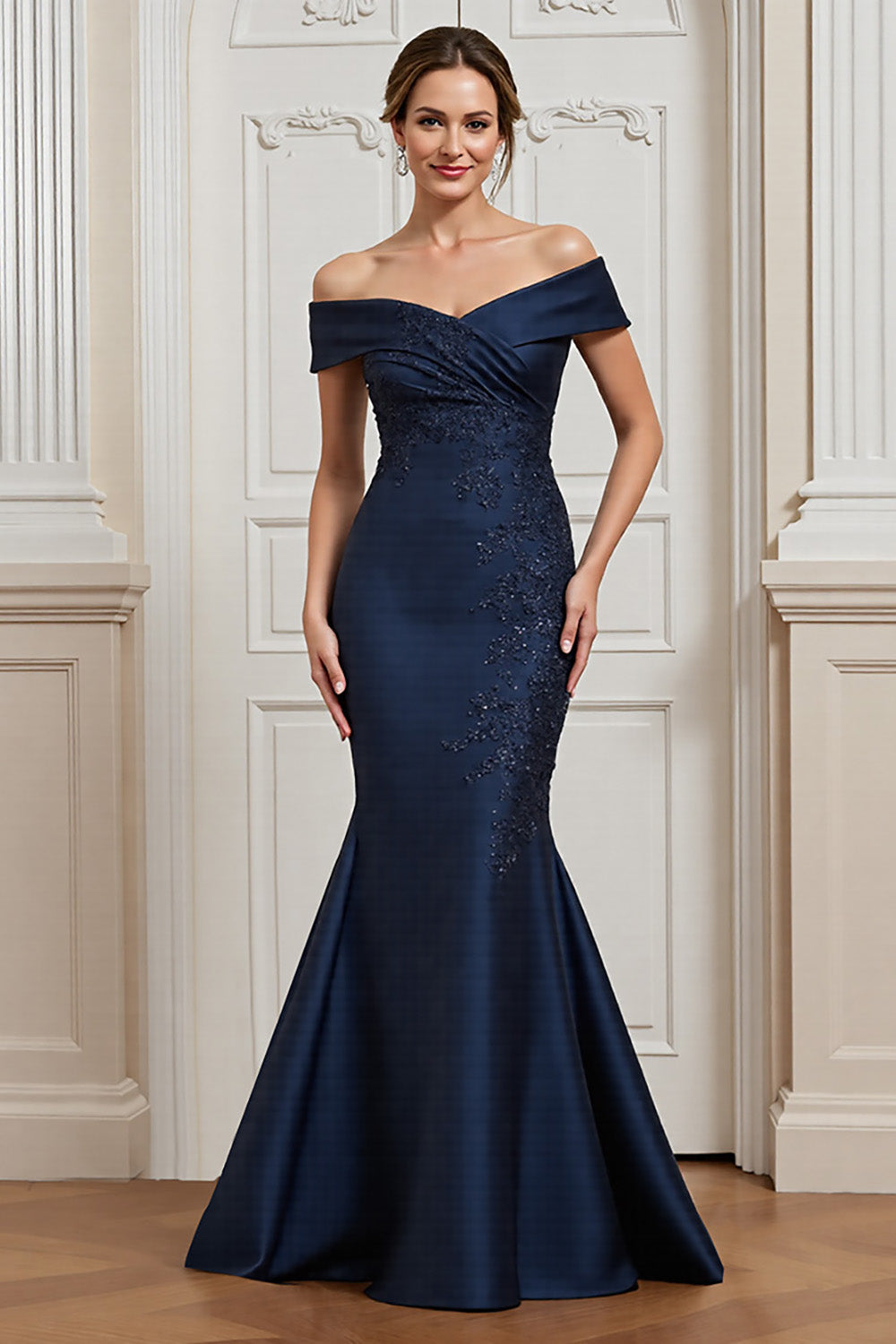 Navy Satin Mermaid Off the Shoulder Long Mother of the Bride Dress