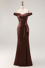 Brown Satin Off the Shoulder Long Mother of the Bride Dress with Ruched