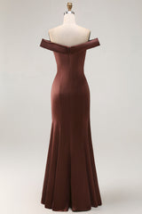Brown Satin Off the Shoulder Long Mother of the Bride Dress with Ruched