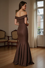 Brown Off the Shoulder Satin Ruched Long Mother of the Bride Dress
