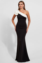 Black One Shoulder Satin Mermaid Long Black Tie Dress