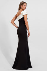 Black One Shoulder Satin Mermaid Long Black Tie Dress