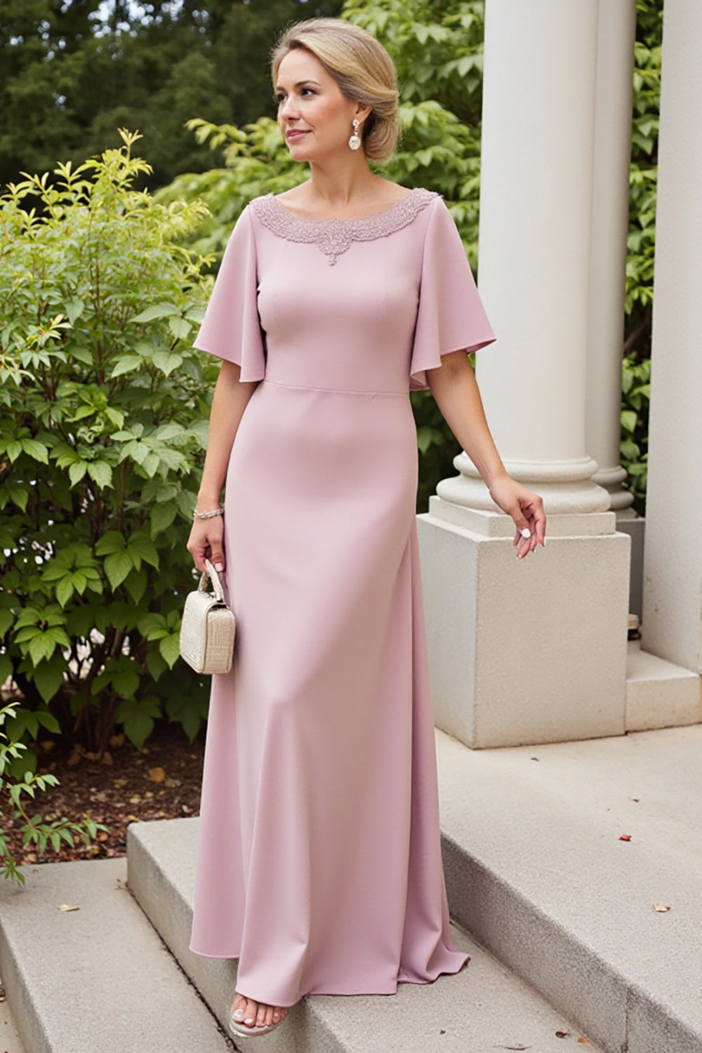 Dusty Rose Satin Boat Neck Long Mother of the Bride Dress with Sleeves