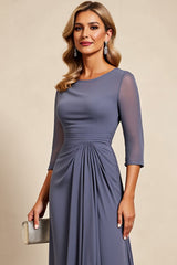 Twilight Scoop Neck Ruched Long Mother of the Bride Dress with Sleeves