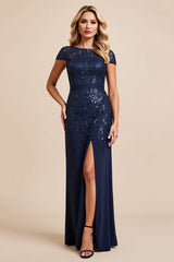 Sparkly Navy Sheath Cap Sleeves Long Mother of the Bride Dress with Slit