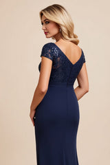 Sparkly Navy Sheath Cap Sleeves Long Mother of the Bride Dress with Slit
