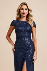 Sparkly Navy Sheath Cap Sleeves Long Mother of the Bride Dress with Slit