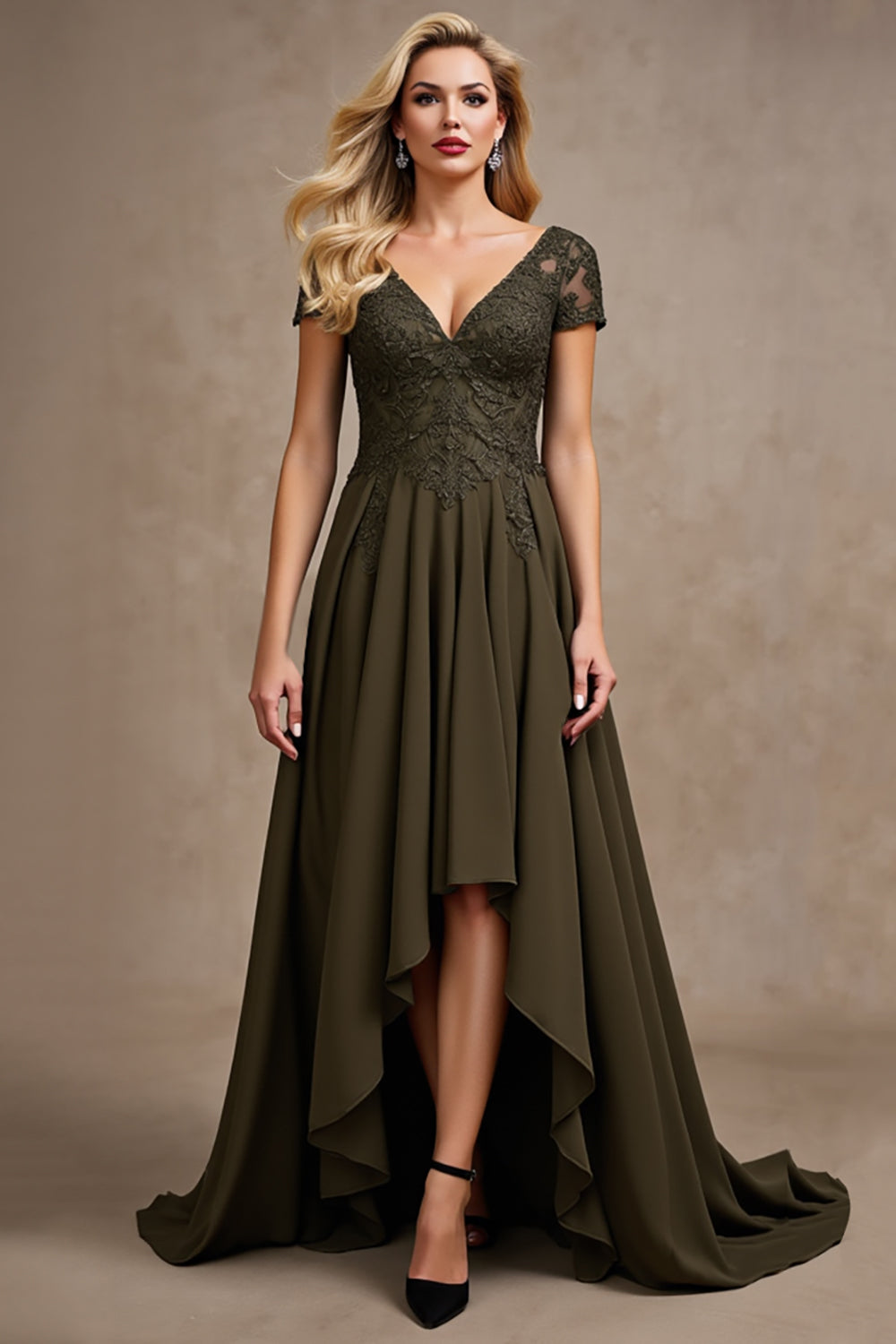 Olive V-Neck Appliques A Line High-Low Mother of the Bride Dress