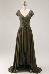Olive V-Neck Appliques A Line High-Low Mother of the Bride Dress