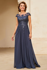 Sparkly Twilight A Line Chiffon Boat Neck Long Mother of the Bride Dress