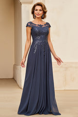 Sparkly Twilight A Line Chiffon Boat Neck Long Mother of the Bride Dress