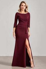 Burgundy Satin Boat Neck Ruched Long Mother of the Bride Dress with Sleeves