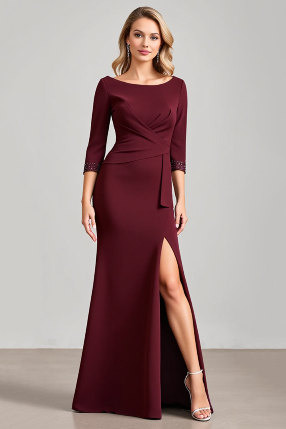 Burgundy Satin Boat Neck Ruched Long Mother of the Bride Dress with Sleeves