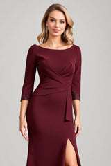 Burgundy Satin Boat Neck Ruched Long Mother of the Bride Dress with Sleeves