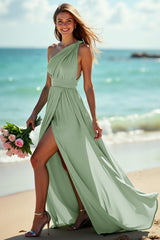 Green One Shoulder Ruched Boho Long Bridesmaid Dress with Slit