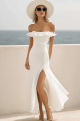 White Mermaid Chiffon Square Neck Long Engagement Dress with Slit