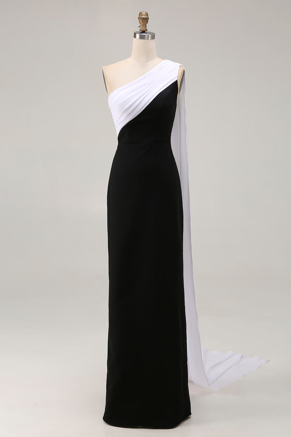 Black White Satin One Shoulder Sheath Long Formal Dress with Side Cape