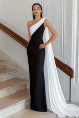 Black White Sheath One Shoulder Long Satin Formal Dress with Side Cape