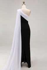 Black White Sheath One Shoulder Long Satin Formal Dress with Side Cape