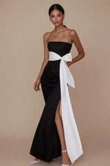 Black White Sheath Square Neck Satin Long Formal Dress with Sash