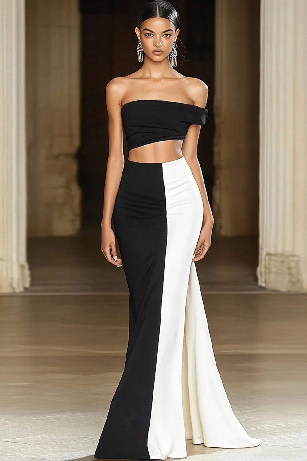 Black White Satin Mermaid Off the Shoulder Long Formal Dress